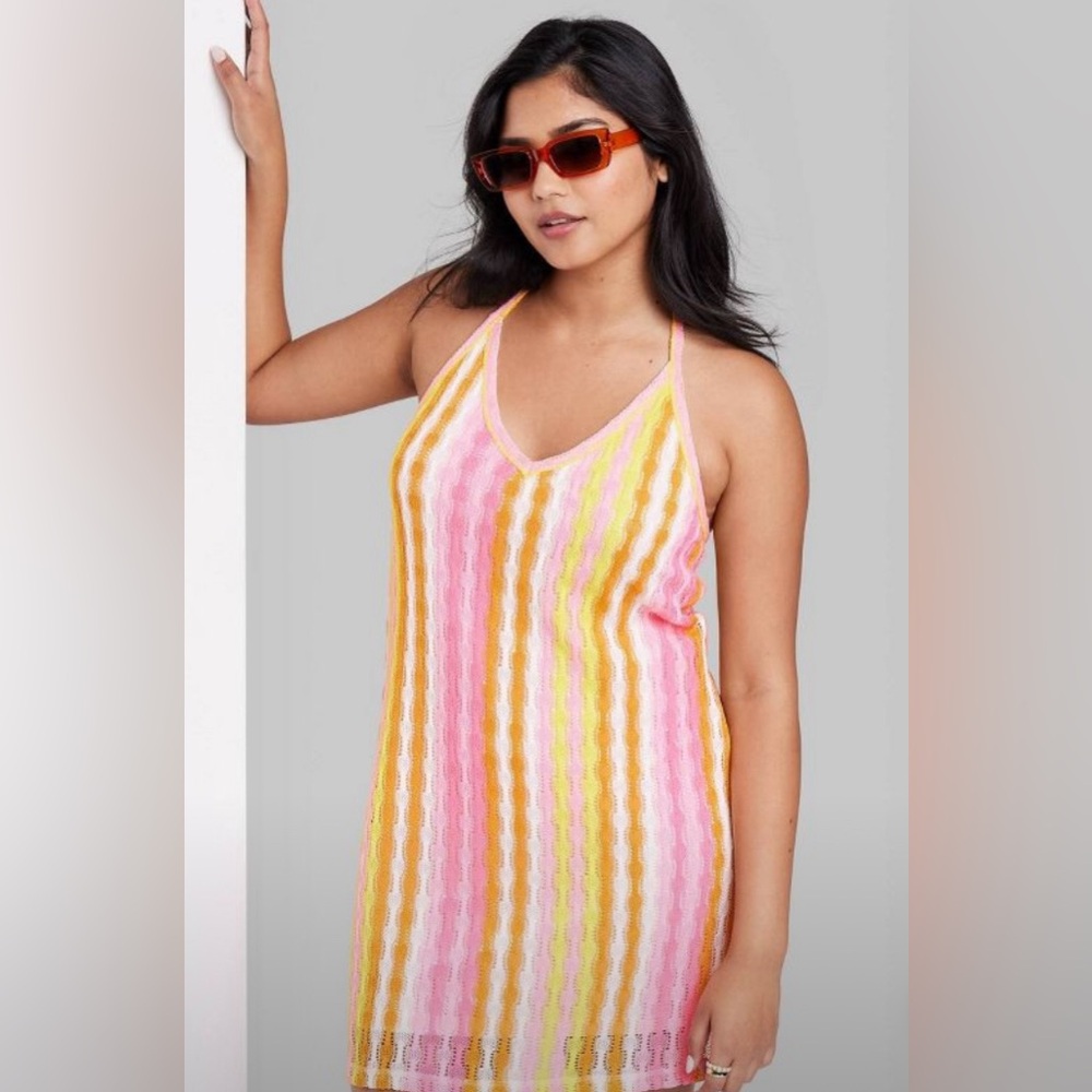 Pink yellow and orange striped halter dress. Beach coverup